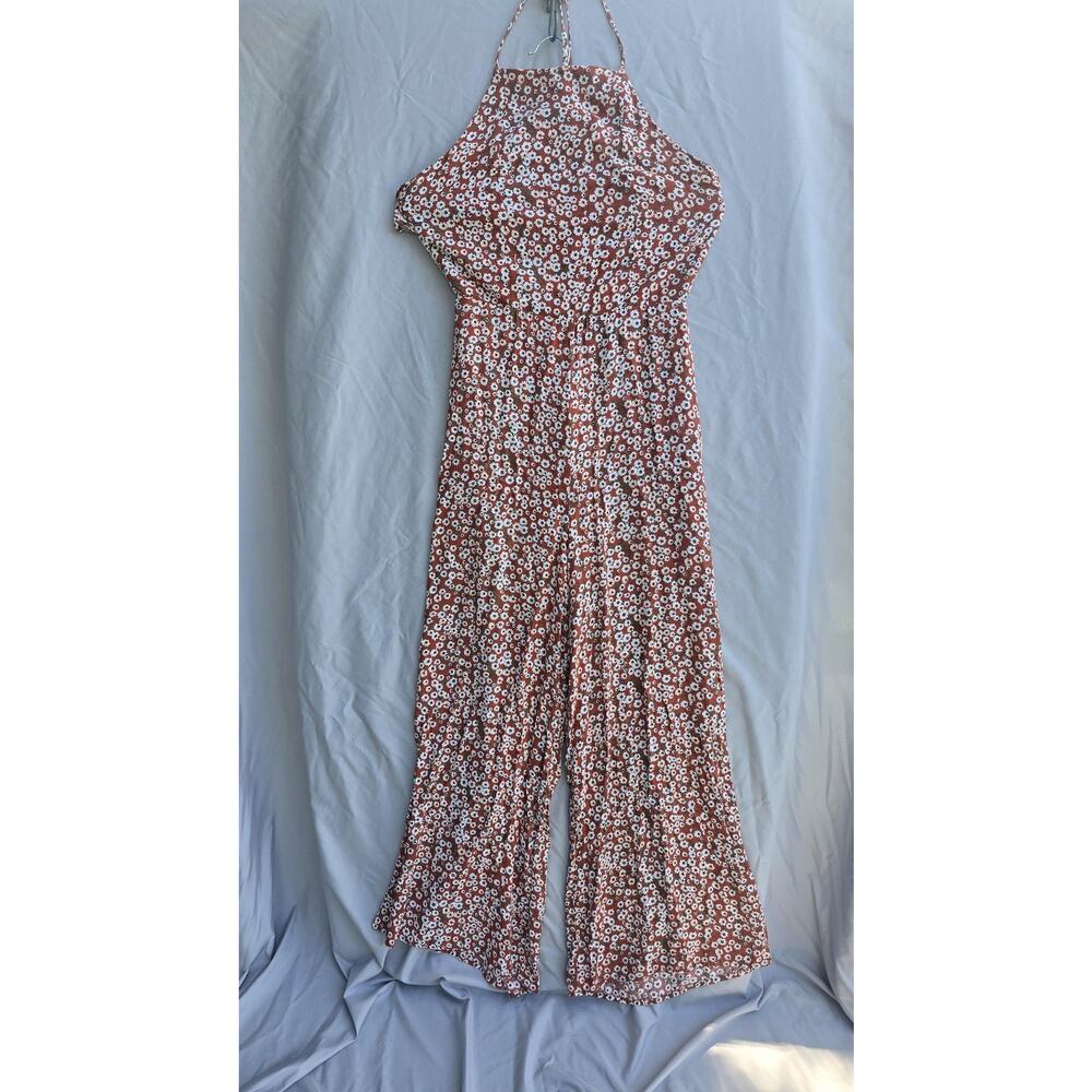 LA CHARME U Jumpsuit Womens Medium Orange Floral Halter Wide Leg Lined Rayon